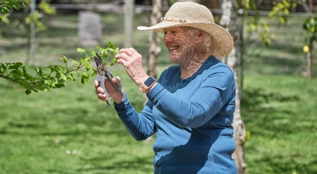 Woman pruning a tree branch outdoors